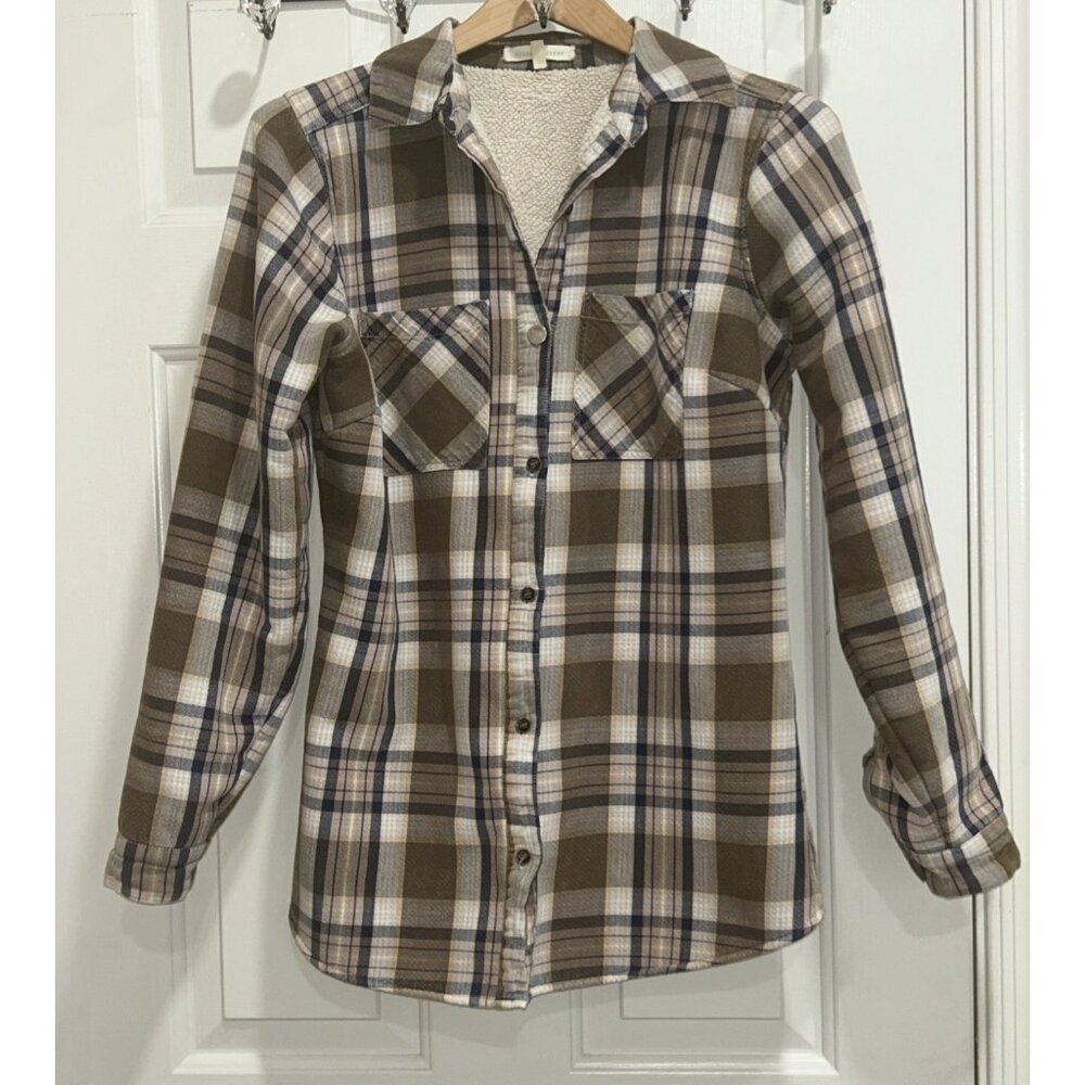 Buckle Gilded Intent Womens Sherpa Lined Shacket Size S Brown Plaid Country Cozy